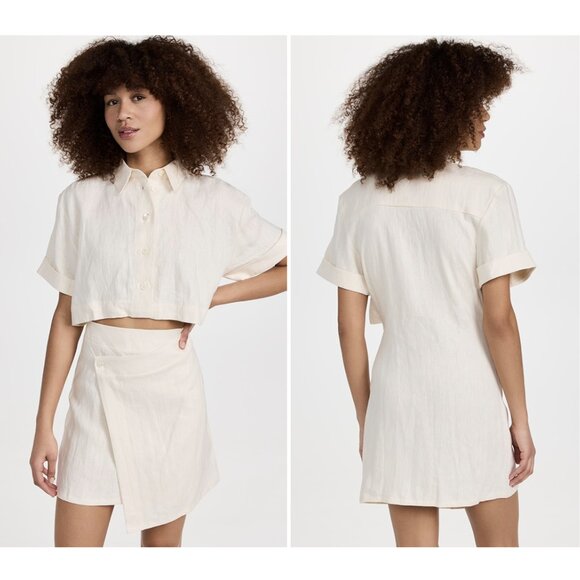 HEVRON Women Melanie Linen Cut-Out Mini Dress XS Ivory Short Sleeve Asymmetrical - Picture 3 of 13